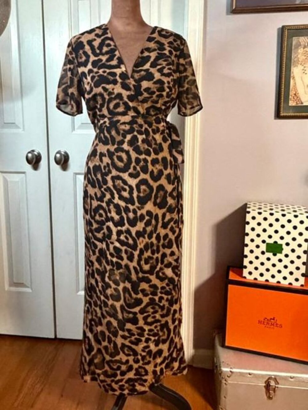 Bardot Leopard Print Wrap Maxi Dress Brown Black US 4 XS